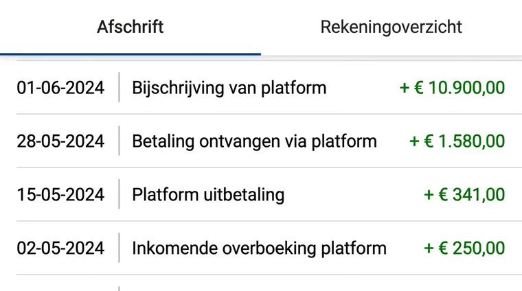 Screenshot bankafschrift: overboekingen van het platform naar de betaalrekening